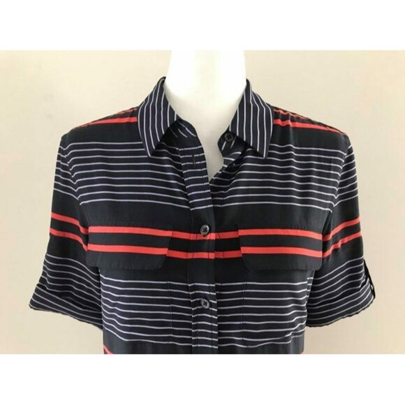 EQUIPMENT FEMME Short Sleeve Silk Signature Shirtdress Size XS Blue Red Striped - Picture 3 of 7